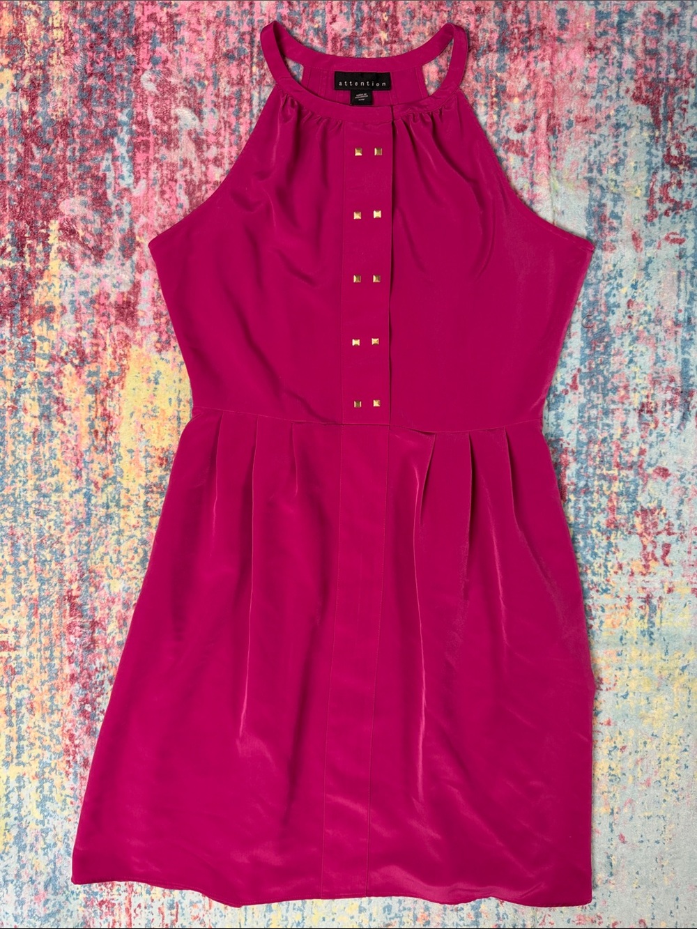 attention Magenta Halter Mini Dress with Gold Studs